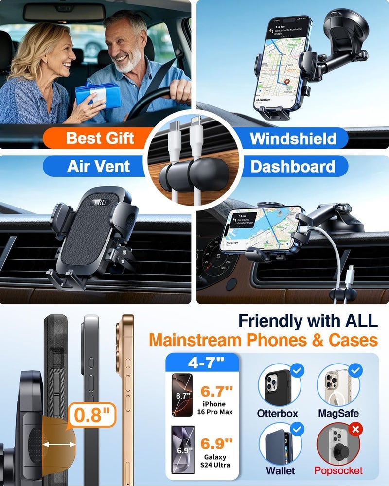 YRU True Military-Grade [360° Rotation Suction] 2025 Ultimate Car Phone Holder Mount 【90+LBS Safest Strongest & Patent Certs】 Dashboard Windshield Vent for iPhone 17 16 Pro Max Samsung, Jet Black - Image 4